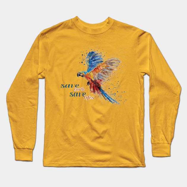 Save Earth, Save Life parrot design on shirts, hoodies, Mugs, covers, masks and more Long Sleeve T-Shirt by bamboonomads